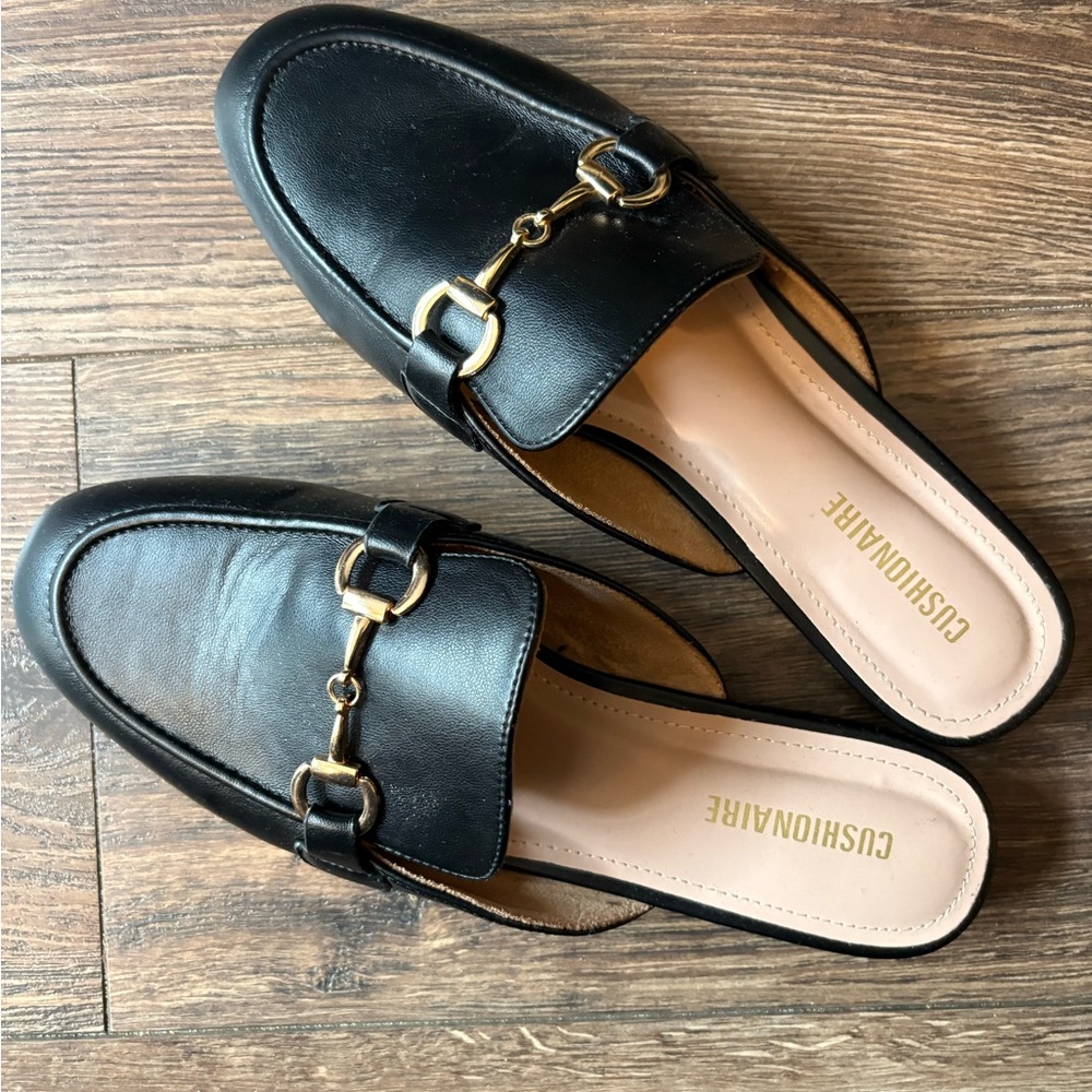 Cushionaire Black Mules with Gold Accent